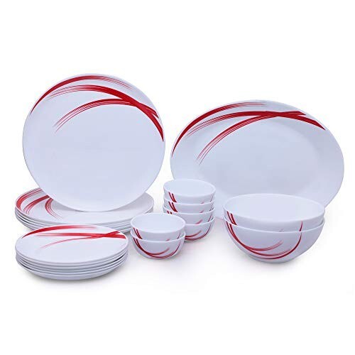 Larah by Borosil - Moon Series, Red Stella 21 Pieces Opalware Dinner Set, White