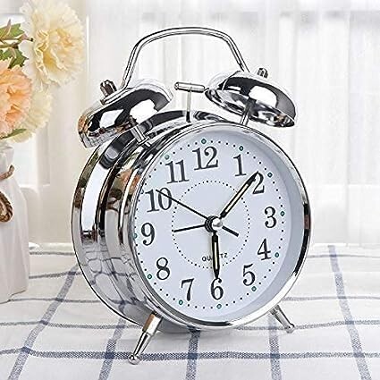 Buqaro Alloy Steel, Glass Twin Bell Edition Vintage Look With Night Led Display Table Alarm Clock ((Silver)) - Digital, 3.15 X 1.5 Inch