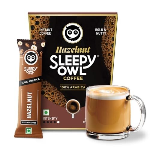 Sleepy Owl Hazelnut Freeze Dried Coffee Sachets | 20g - Pack of 10 x 2g Instant Coffee Powder Sachets | 100% Arabica Beans | Aromatic Coffee Pouch | Rich & Smooth | Easy to Use & Carry