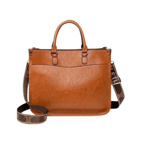 Luxury Women’s Black Faux Leather Tote Handbag with Brown Strap