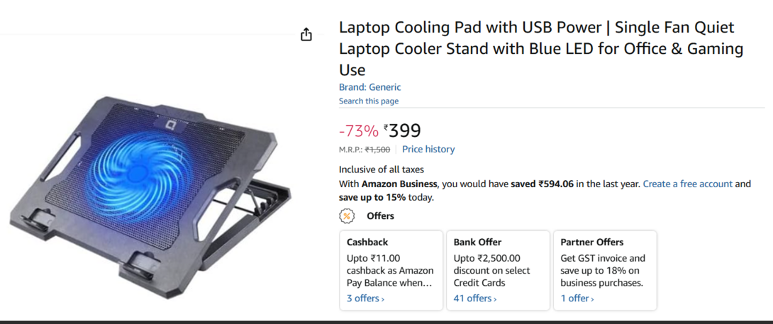 Laptop Cooling Pad with USB Power | Single Fan Quiet Laptop Cooler Stand with Blue LED for Office & Gaming Use