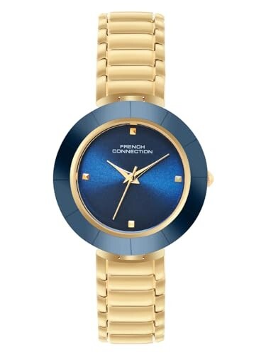 French Connection Sunray Blue Round Dial with IP Gold Stainless Steel Metal Strap