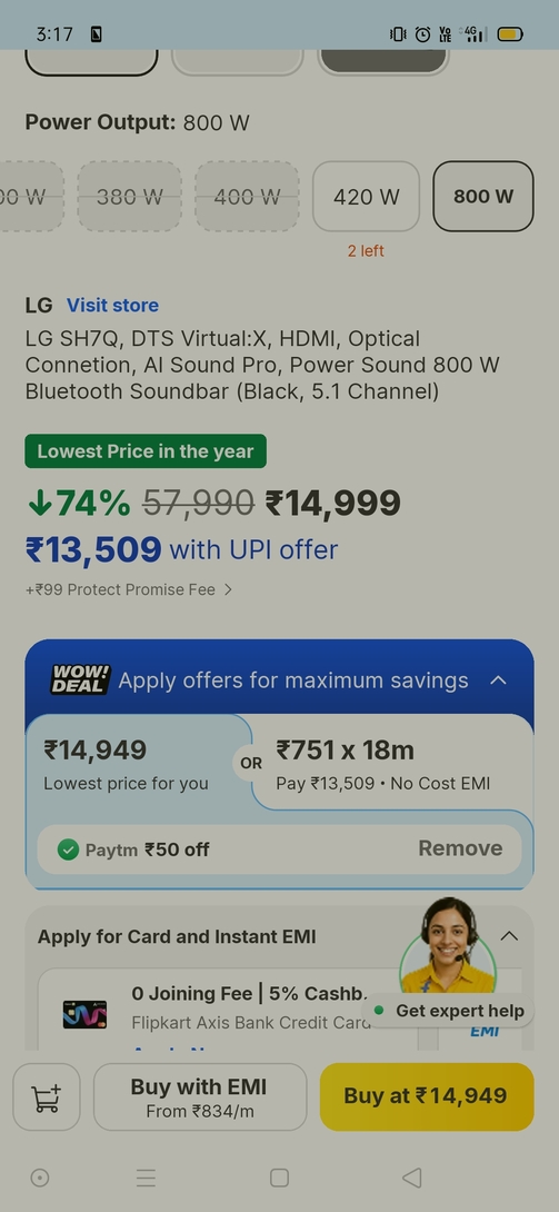 LG 800 watt 5.1 channel soundbar speaker Rs. 15000. Flipkart