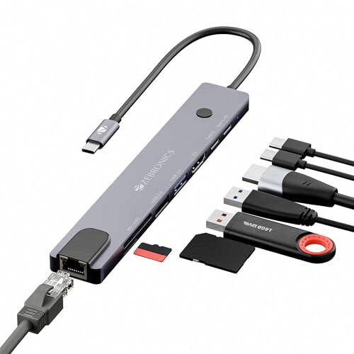 Zebronics 8-in-1 Type-C Multiport Hub, 100W PD Support, 5Gbps Data Transfer