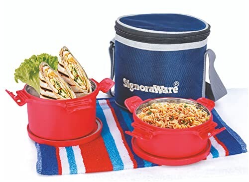 SignoraWare 500ml+350ml Smart Microwave Safe Twin Executive Small Stainless Steel Lunch Box with Bag