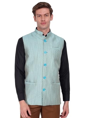SKAVIJ Men's Indian Dupion Silk Sleeve Less Festive Nehru Jacket Waistcoat