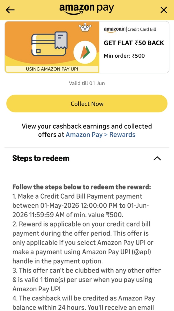 Credit Card Bill Payment - Flat 50 Rs Cashback on min 500 Rs Bill payment (User Specific)