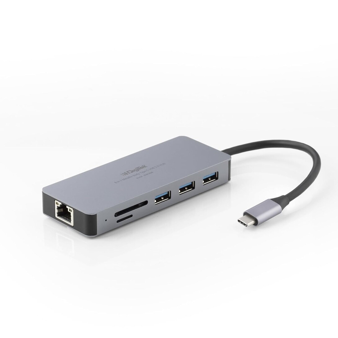 Digitek® (DUH 008) 8-in-1 Type C USB Hub 3.0 with Type C Coupler, Multi-Port Dongle, PD 100W Charging, 4K HDMI, Ethernet