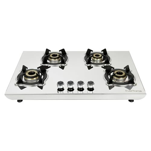 Everflame Marvel 4 Burner Gas Stove | 2mm Heavy Steel Body | 6G Brass Burners | Manual Ignition | Italian SABAF Valve | 5 Years Warranty (Body & Burners) + 2 Years Comprehensive + Doorstep Service