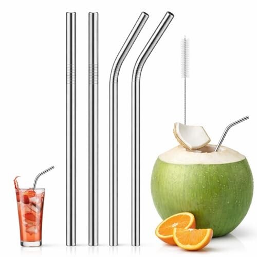 SHITHI Stainless Steel Reusable Metal Straws (Pack of 4 (2 Straight + 2 Bent) with 1 Brush)