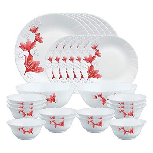 Larah by Borosil Ruby Opalware Dinner Set, 28 Pcs, White