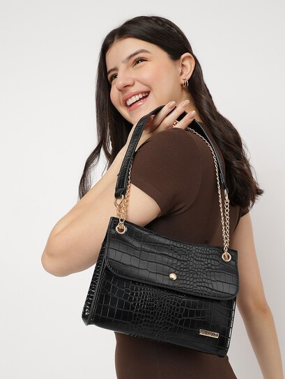  Fastrack Black Croco Textured Structured Shoulder Bag -