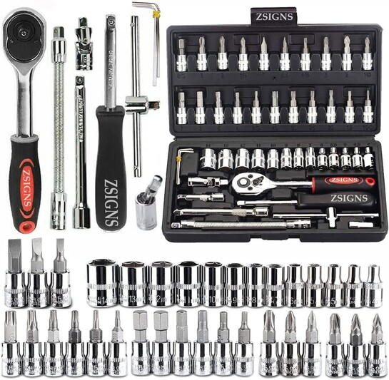 ZSIGNS 46Pcs 1/4 Inch Drive Box End Socket Set, Metric Ratchet Wrench Set 4-14mm CR-V Sockets, S2 Bits, Extension Bar, Mechanic Tool Kit for Household Auto Repair (Black)