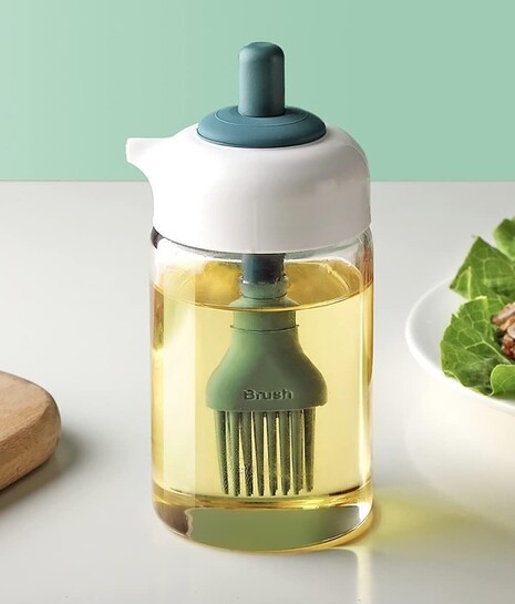 Kmils 230 Ml Oil Dispenser with Brush, for Cooking, Baking, Bbq, Marinating (Pack of 1 Multicolor) - Glass