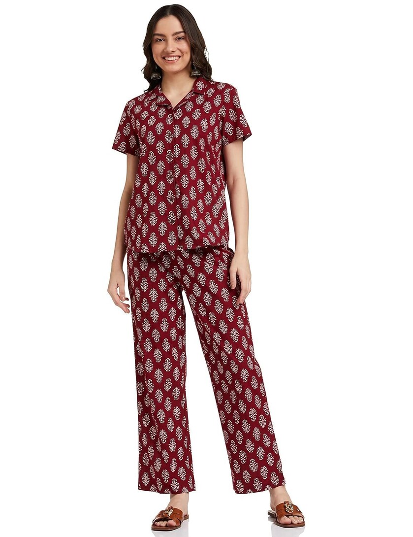 Amazon Brand - Myx Women Cotton Shirt and Relaxed Pajama Set | Night Suit Set (Available in Plus Sizes)