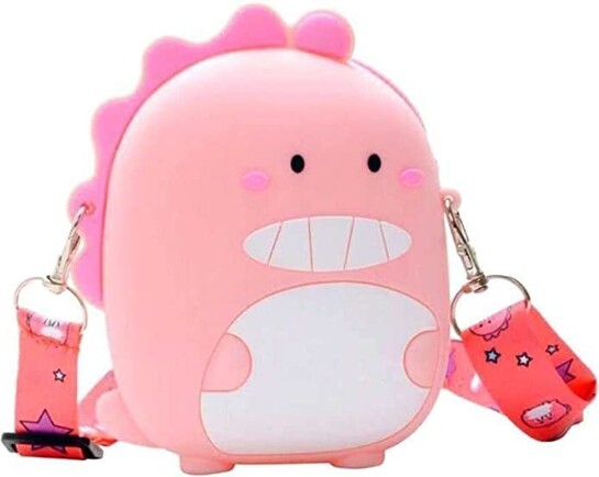 EITHEO Cute Baby Silicon Sling Bag | Cross Body Zipper | Hand Bag | Travel Purse | Trendy Girls wallet coin Pouch Bag (Assorted Color) (Dinosaur Open Mouth Pink NL-SB)