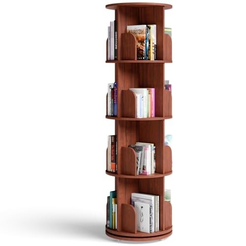Rocco 360° Rotating Bookshelf | Engineered Wood Free Standing Round Bookcase | Moisture & Scratch Resistant Matte Finish | Book Storage Rack for Bedroom, Living Room, Library (Teak Brown, 4-Tier)
