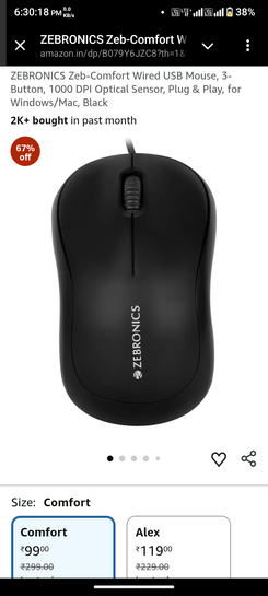 ZEBRONICS Zeb-Comfort Wired USB Mouse, 3-Button, 1000 DPI Optical ...