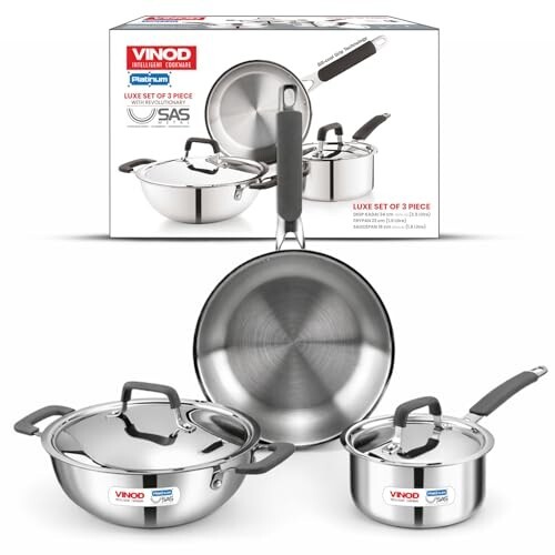 Vinod Luxury Edition Triply Stainless Steel Cookware Set 5 Pc - Superior Finish, Cool Grip Handles, Mastercrafted Durability | 100% Safe, Non-Toxic, Nickel-Free | Frypan + Kadai & Saucepan with 2 Lids
