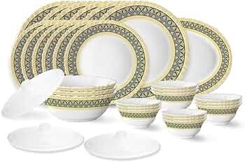 Larah by Borosil Regal Fluted Series Opalware Dinner Set | 31 Pieces for Family of 6 | Microwave & Dishwasher Safe | Bone-Ash Free | Crockery Set for Dining & Gifting | Plates & Bowls | White