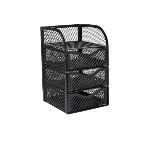 Neomate 3-Drawer Metal Mesh Mini Desk Organizer with Top Tray | Multi-Purpose Stationery Storage for Home & Office | Black -13D x 12.5W x 20H cm