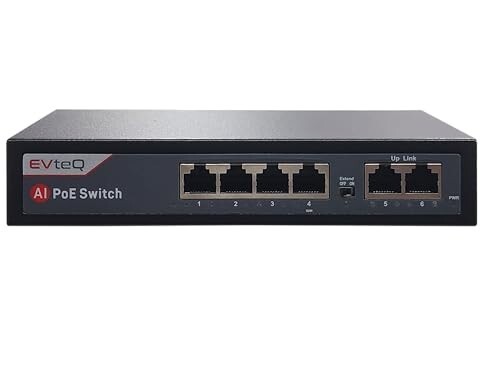 EVteQ 6-Port Fast Ethernet PoE Switch | 4 PoE + 2 Uplink Ports | 30W Output | Watchdog