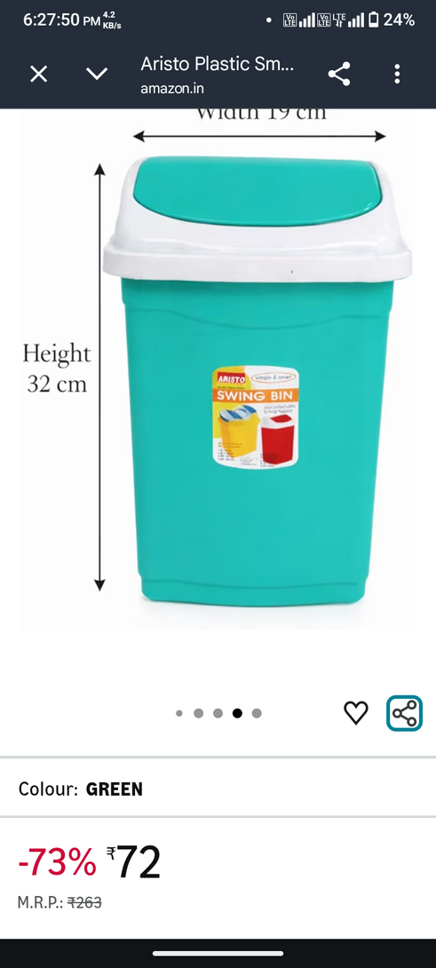 Loot :- Aristo Plastic Small Swing Dustbin 9 Ltr (Green