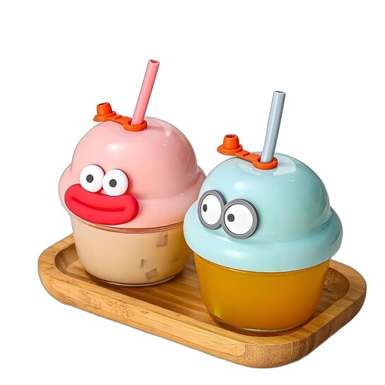 GNEY Cute Cartoon Glass Juice Cup with Straw 210ml | Leakproof | Pack of 2