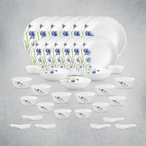 La Opala Opal Glass Crockery | for Family of 6 | Dinner Set 35 pcs Floral Fountain | Plates & Bowls for Dining | Microwave Safe | 100% Vegetarian | Extra Strong | Extra Light & White