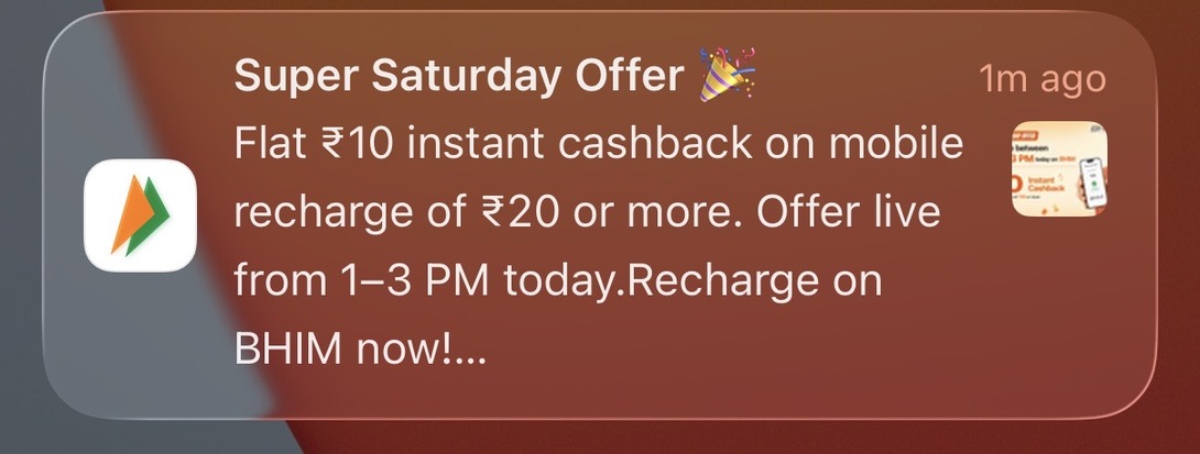 BHIM: Super Saturday Offer Flat Rs 10 instant cashback on mobile recharge of Rs 20 or more. Offer live from 1-3 PM today.