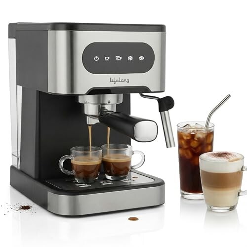Lifelong 1350 W Digital Espresso Coffee Maker & Cold Brew Coffee Machine | 20 Bar Pressure Pump |Mix with Steamed Milk & Create Cappucciono & Latte at Home | Works with Grounded Coffee & Capsules