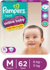 Pampers Active Baby Taped Diapers with Adjustable Fit - M (62 Pieces)