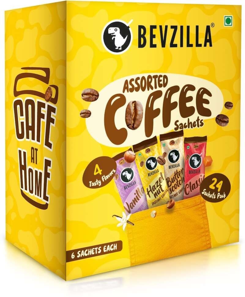 Bevzilla 24 Sachets Pack (4 Tasty Flavors) (6 Sachets Each) Assorted Instant Coffee