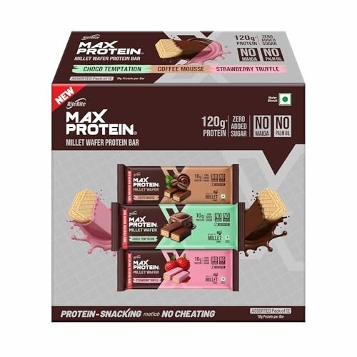 RiteBite Max Protein Wafer Bars with Millets, All Flavors (Pack of 12), 10g Protein, No Maida, No Palm Oil, Zero Added Sugar, Healthy Wafer Snack, 480g
