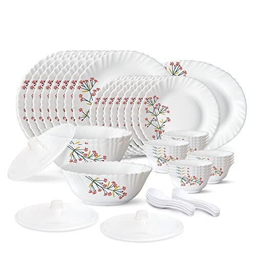 Larah by Borosil Red Bud Silk Series Opalware Dinner Set | 47 Pieces for Family of 8 | White