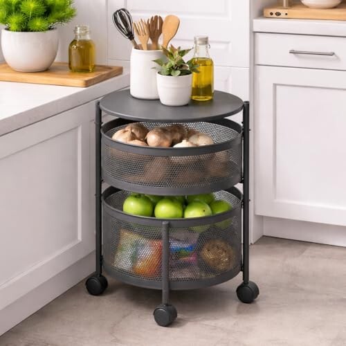 HomeWiz 2-Layer Round Kitchen Trolley | Movable Storage Organizer for Fruits & Vegetables | Perforated Mesh Baskets with Solid Flat Top | Multipurpose Rack for Onion & Potato | Rust-Resistant | Black