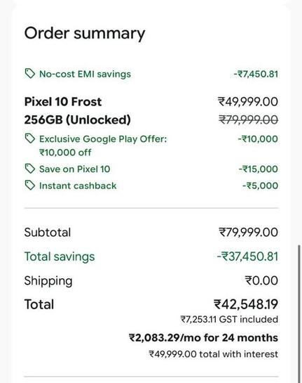 Google pixel 10 phone @42.5K (50k with interest)