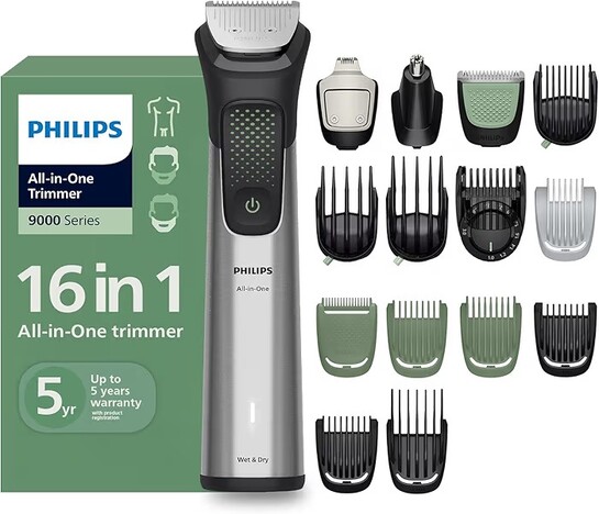 Philips India's No.1 Men's Trimmer | BeardSense Technology | 16-in-1 Stainless Steel Trimmer Men- Beard, Hair, Body, Nose, Intimate | Self-sharpening blades | 100% Showerproof | 5yr*warranty | MG9532