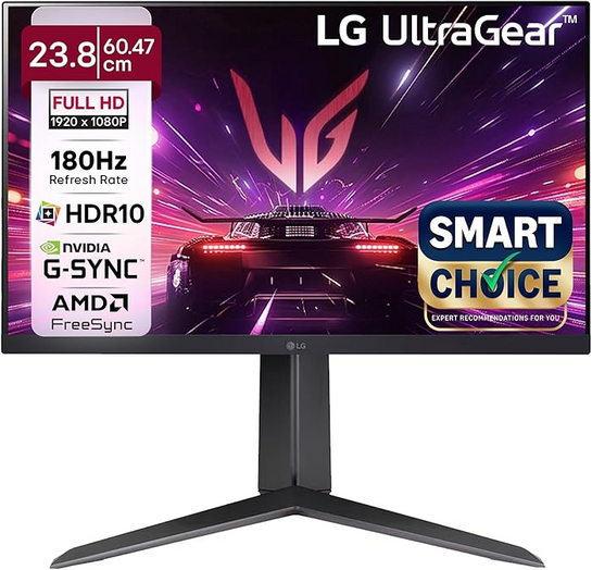 LG 24GS65F Smartchoice 60.47cm (23.8Inch) Ultragear FHD (1920x1080) IPS Gaming Monitor, 180Hz, 1ms, NVIDIA G-SYNC Compatible, AMD FreeSync, DP, HDMI, Tilt/Height/Pivot Adjustable, Anti-Glare (Black)