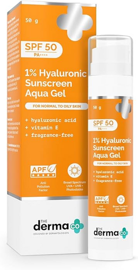 The Derma Co 1% Hyaluronic Sunscreen Aqua Gel SPF 50 PA++++ | Hydrating, Lightweight & Non-Greasy | No White Cast | Broad Spectrum & Blue Light Protection | Clinically Tested - (In-Vivo) | 50 g