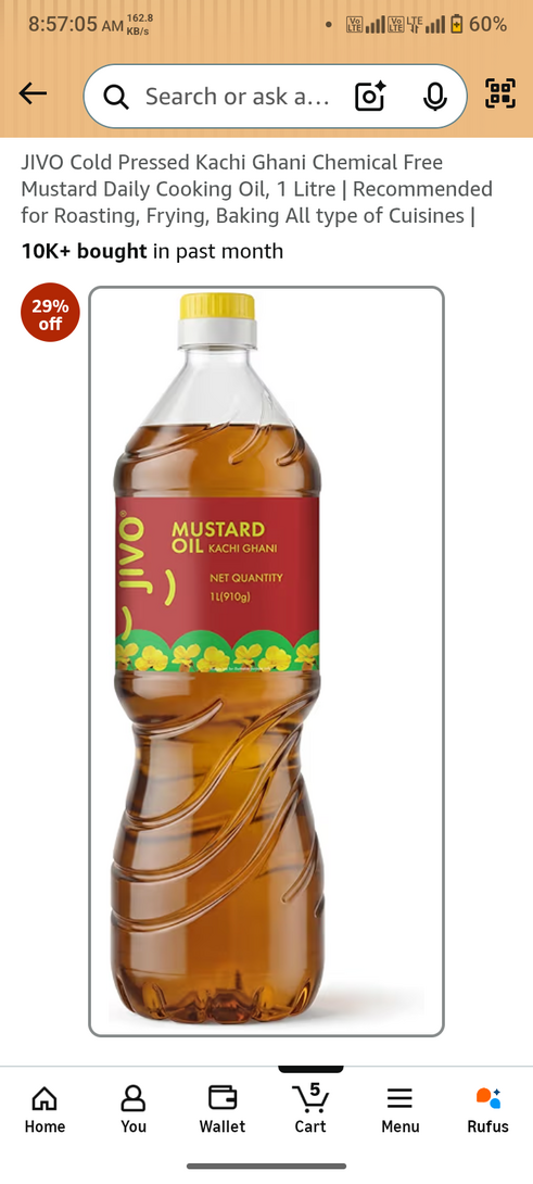 Jivo Mustard Oil 4L + Rice Bran Oil 1L @152 per litre