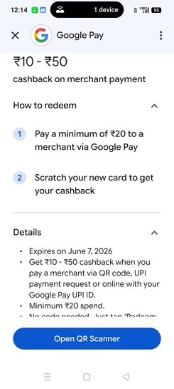 Google Pay ₹10 - ₹50 cashback on merchant payment Minimum 20