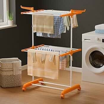 Happer Premium Clothes Stand for Drying with Wheels | Portable | 2 Layer Rack for Balcony (Orange | Compact Jumbo)
