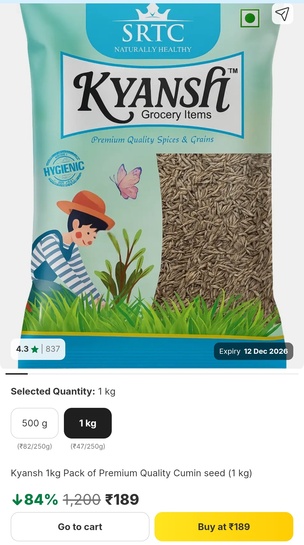 1kg Pack of Premium Quality Cumin seeds at rs. 189