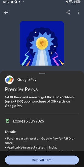 Gpay Flat 40% Cashback upto 100 on Gift Card Purchase of Min 250
