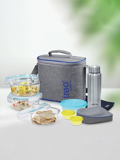 Buy Treo All Fresh Premier 8 Pcs Transparent & Blue Glass & Stainless Steel Lunch Box With Bag - Lunch Box for Unisex 21779354 | Myntra