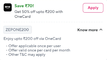 ONECARD X ZEPTO FLAT 50% OFF UPTO 200 (user specific) 
