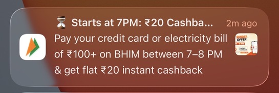 BHIM: Pay your credit card or electricity bill OFFER of Rs 100+ on BHIM between 7-8 PM & get flat Rs 20 instant cashback