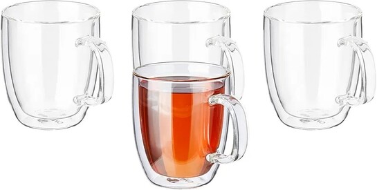 Amazon Brand - Solimo Borosilicate Glass Tea Cup (Set of 4, 350 Ml Each)