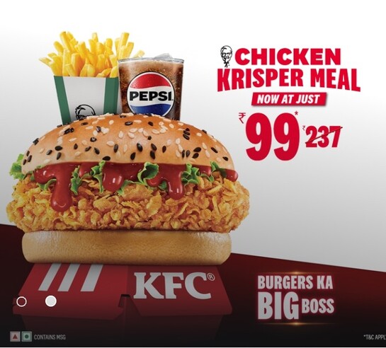 Kfc krisper meal @99/@179/@149 |Epic savers @299|100 off code